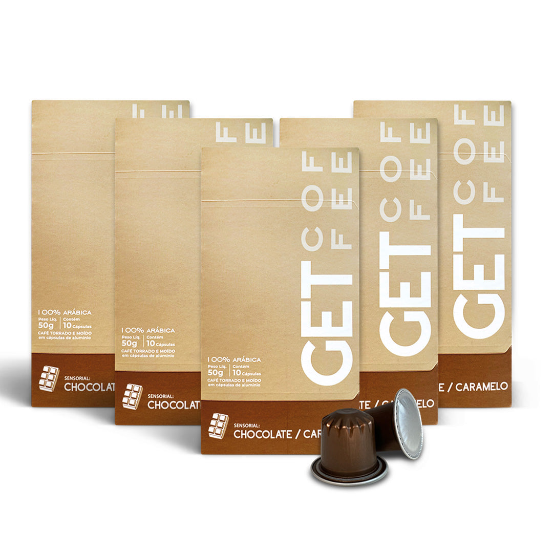KIT CÁPSULA - CAFÉ ESPECIAL - CHOCOLATE CARAMELO - 5 CAIXAS (50 CÁPSULAS)