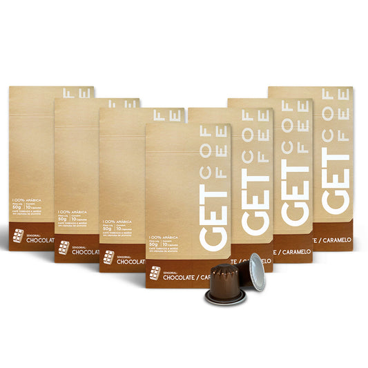 KIT CÁPSULA - CAFÉ ESPECIAL - CHOCOLATE CARAMELO - 7 CAIXAS (70 CÁPSULAS)
