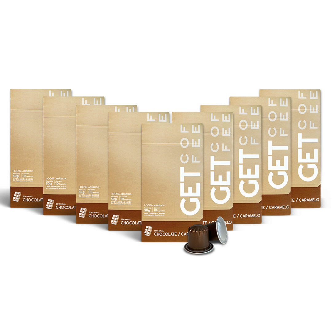 KIT CÁPSULA - CAFÉ ESPECIAL - CHOCOLATE CARAMELO - 9 CAIXAS (90 CÁPSULAS)
