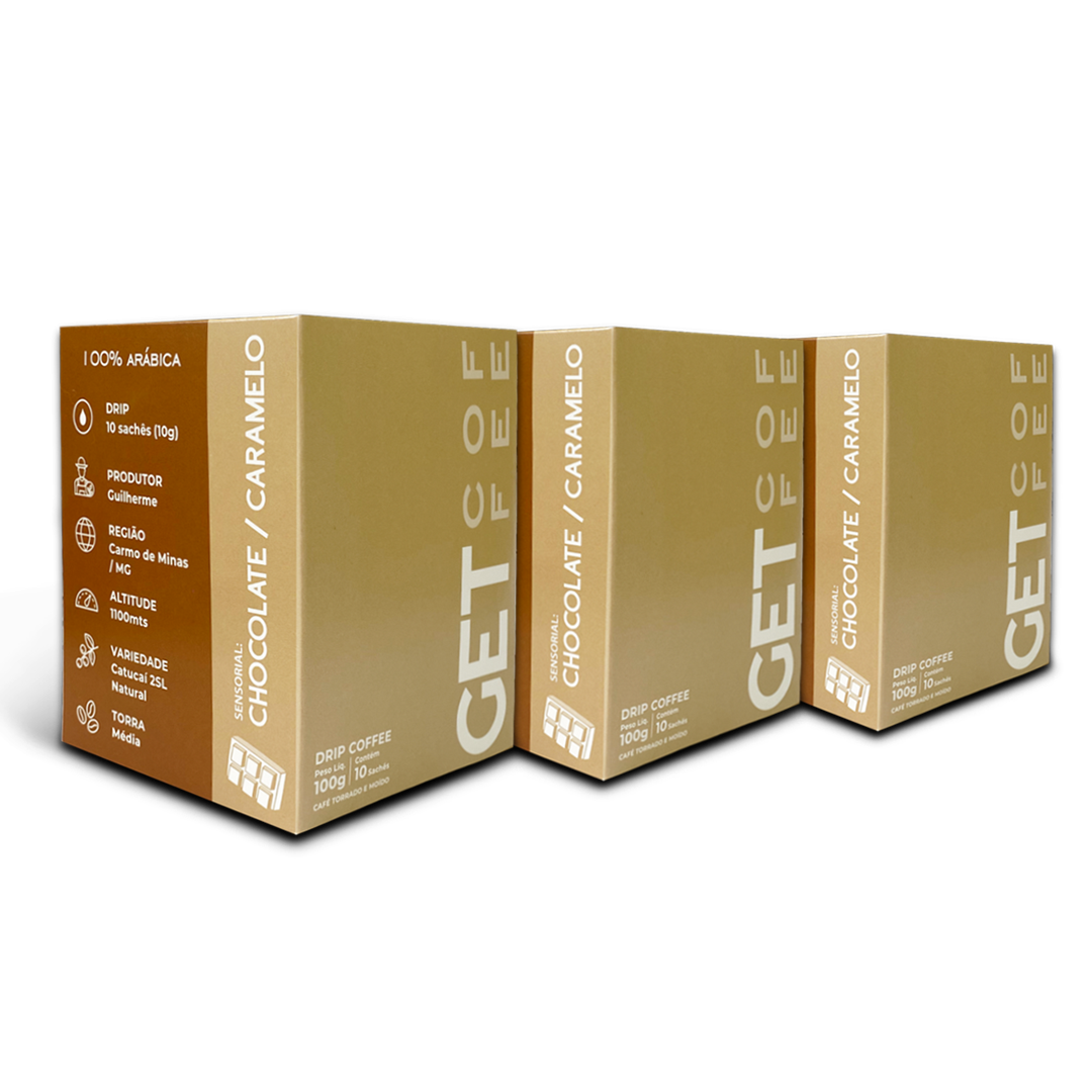 KIT DRIP COFFEE - CAFÉ ESPECIAL - 3 CAIXAS (30 SACHÊS) - CHOCOLATE CARAMELO