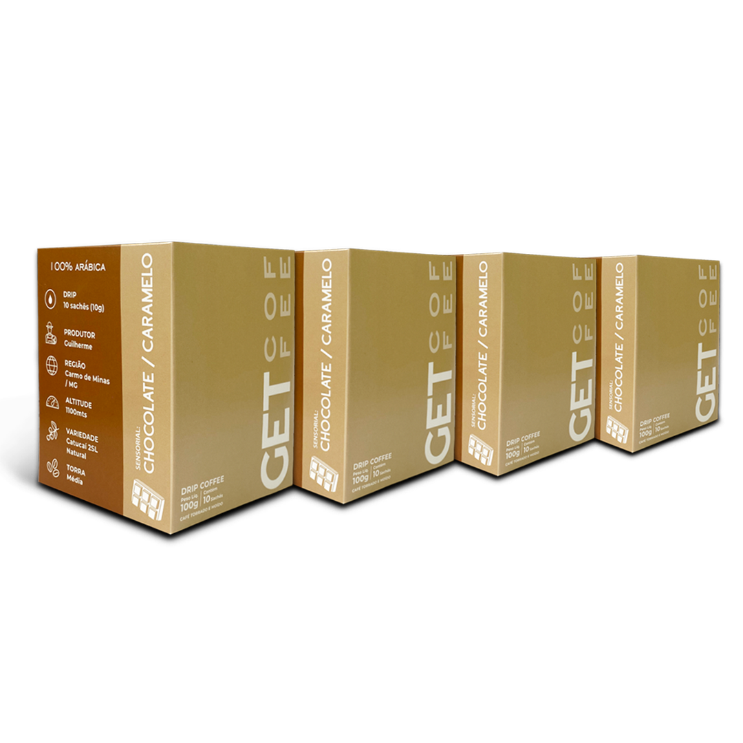 KIT DRIP COFFEE - CAFÉ ESPECIAL - 4 CAIXAS (40 SACHÊS) - CHOCOLATE CARAMELO