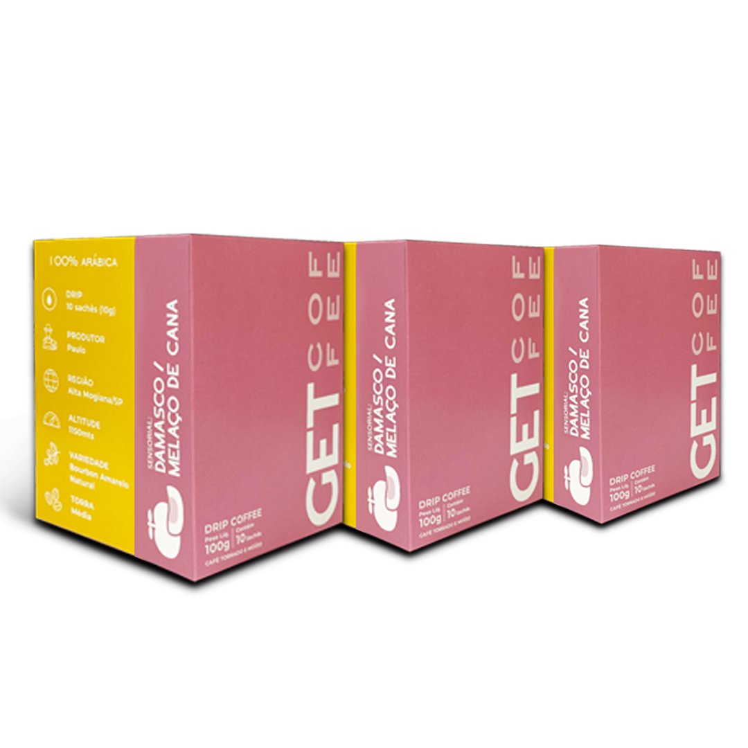 KIT DRIP COFFEE - CAFÉ ESPECIAL - 3 CAIXAS (30 SACHÊS) - DAMASCO / MELAÇO DE CANA