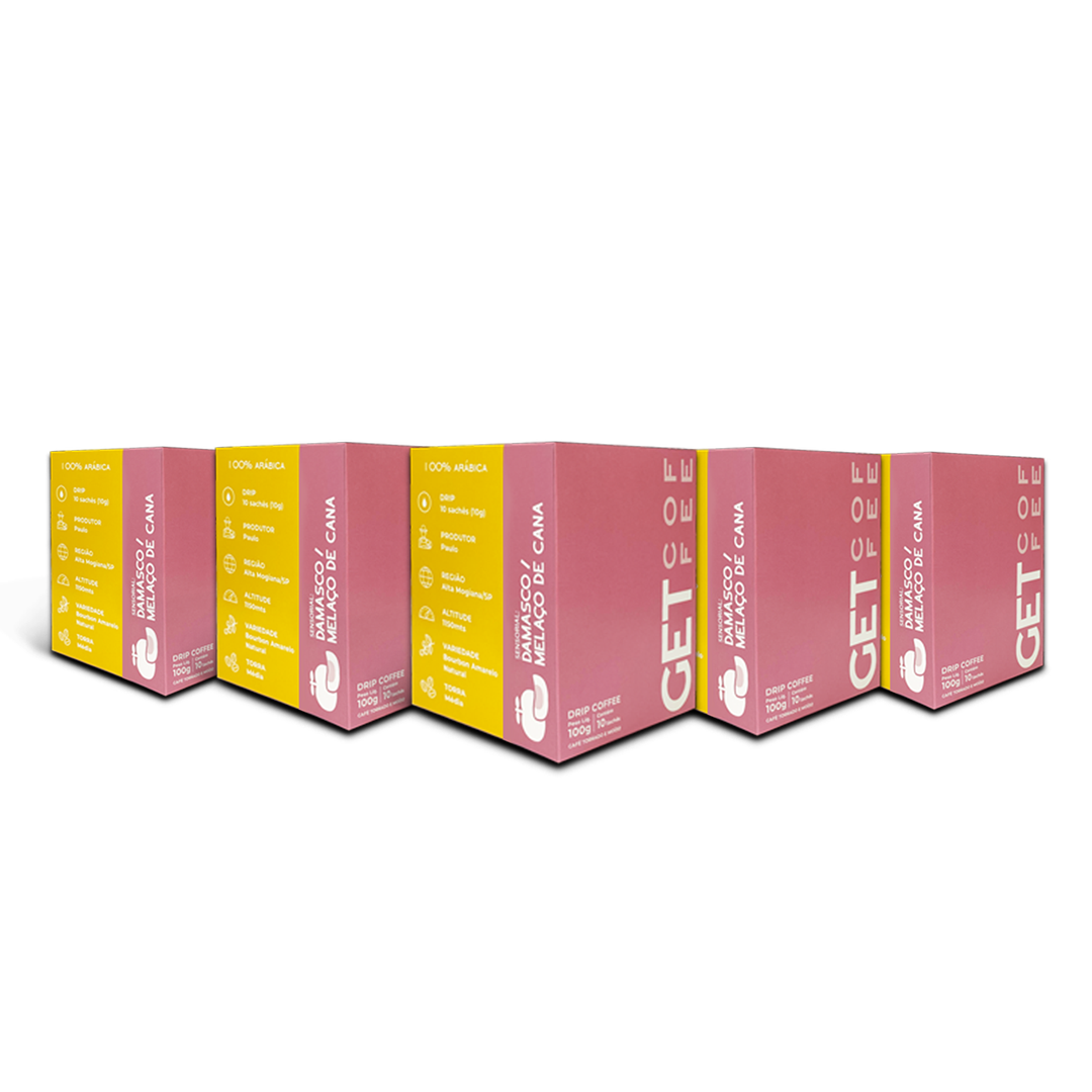 KIT DRIP COFFEE - CAFÉ ESPECIAL - 5 CAIXAS (50 SACHÊS) - DAMASCO / MELAÇO DE CANA